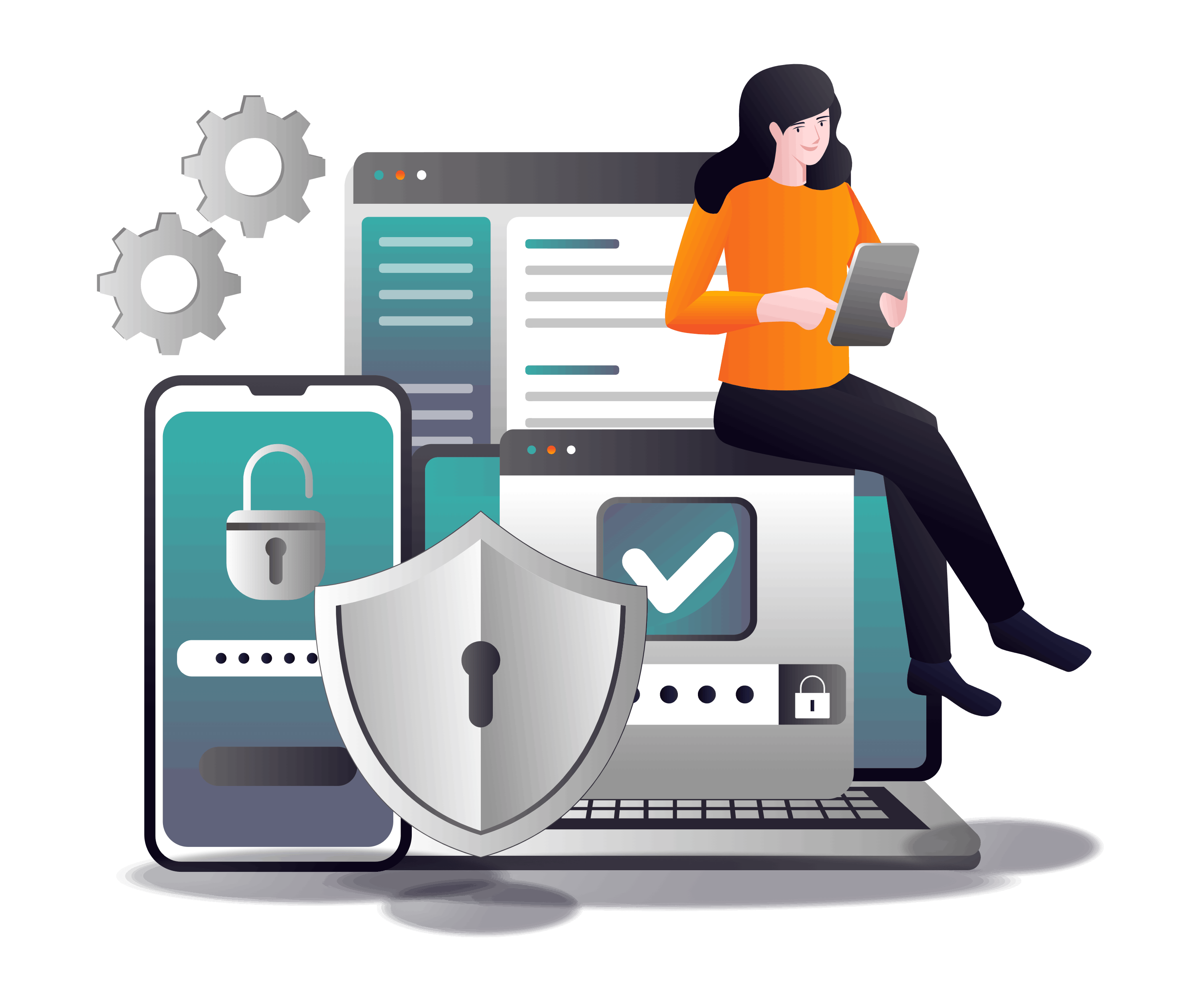 vecteezy girl opening laptop and smartphone security password