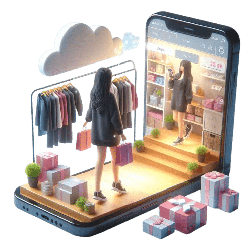realistic 3D mockup of an online store inside a cellphone with a girl shopping removebg preview
