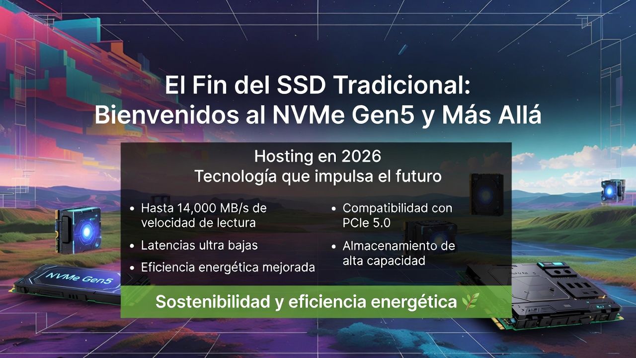 La era de los SSD SATA y PCIe Gen4 ha quedado atrás. En 2026, la adopción masiva de NVMe PCIe Gen5 (y en algunos casos Gen6 emergente) representa un salto exponencial en velocidad de lectura/escritura. Estos discos alcanzan hasta 16 GB/s en configuraciones x4, permitiendo que bases de datos complejas —como las de e-commerces con millones de productos o plataformas de IA— carguen en menos de 0.5 segundos (e incluso sub-100 ms en entornos optimizados). Proveedores como OVHcloud, Hostinger y SSD Nodes ofrecen VPS y servidores dedicados con NVMe Gen5 como estándar, integrando procesadores Intel Xeon o AMD EPYC de última generación. Para cargas de trabajo AI/GPU, esta tecnología evita cuellos de botella: los datos se alimentan directamente a la memoria HBM sin esperas, saturando el ancho de banda y maximizando el uso de GPUs costosas como las NVIDIA H100. Esta transición no solo acelera el rendimiento; reduce el consumo energético por operación y mejora la fiabilidad en entornos de alta demanda. En 2026, elegir hosting sin NVMe Gen5 equivale a competir con un motor obsoleto.